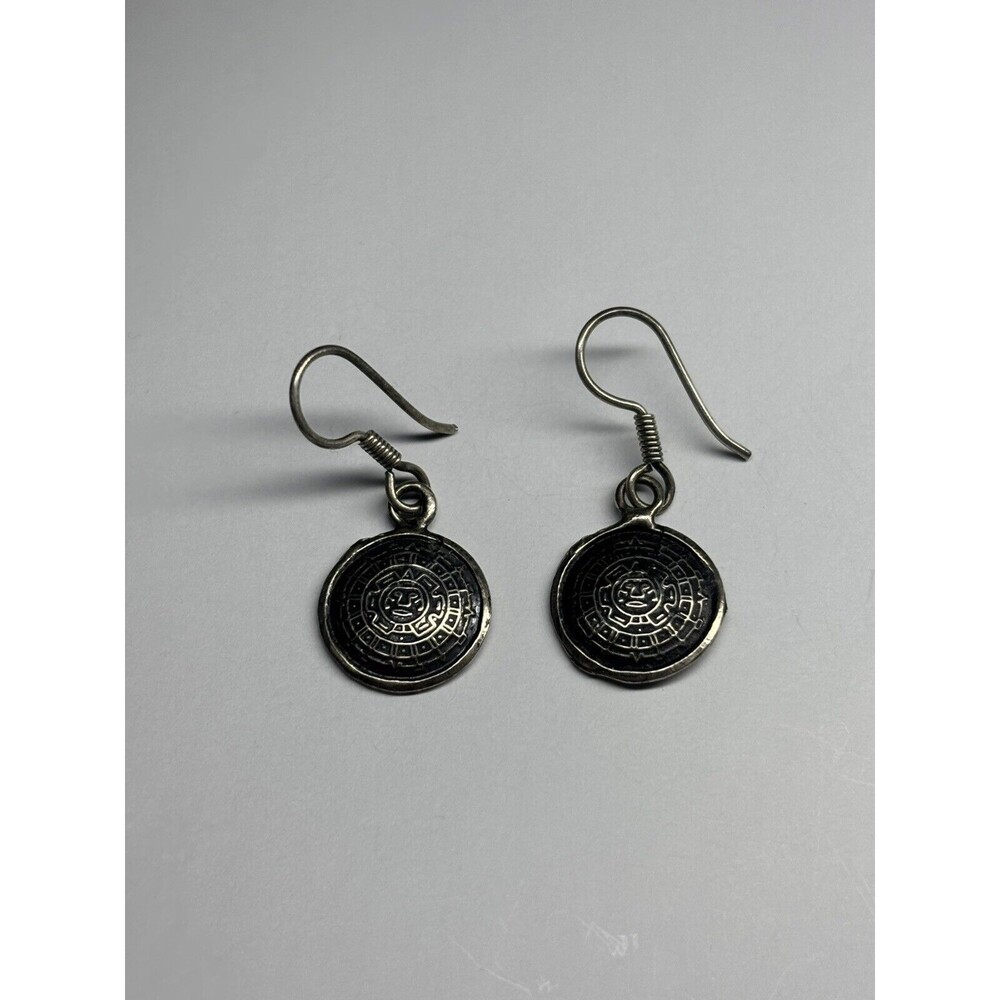 Vintage Southwest Sterling Silver 925 Earrings Mayan Aztec Calendar